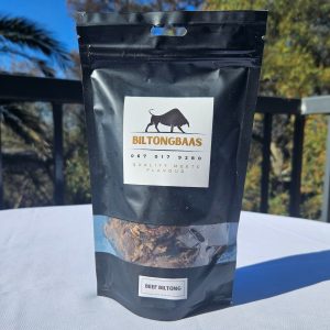 Single 150g pack of premium sliced beef biltong – high-protein South African snack