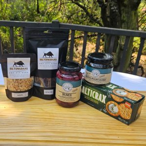 Heritage Platter Small with biltong, peanuts, sweet & sour olives, baby green fig preserve, and Salticrax